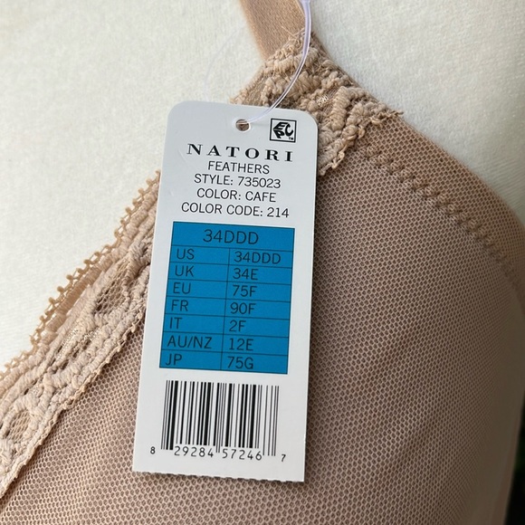 NWT Natori Tan and Cream Lace Trimmed Feathers Cafe Bra 34DDD Front Closure - Picture 8 of 8
